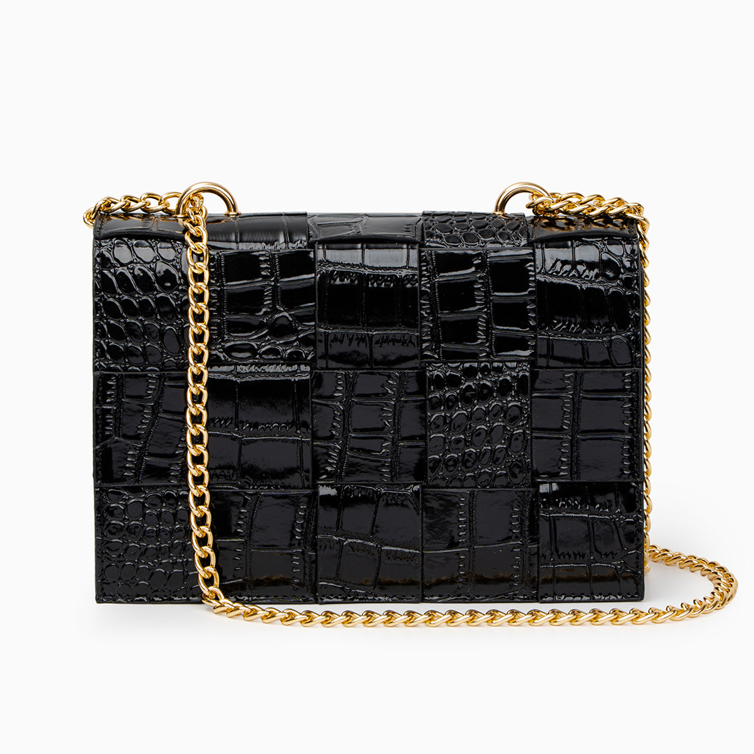 crocodile crossbody bag, chain crossbody bag, glossy handbag, chain link handbag, women's crossbody bag, crocodile texture bag, crossbody purse, black crossbody bag, cross body purse, mini crossbody bag, small crossbody bag, crossbody bags, crossbody sling bag, leather crossbody bag, white crossbody bag