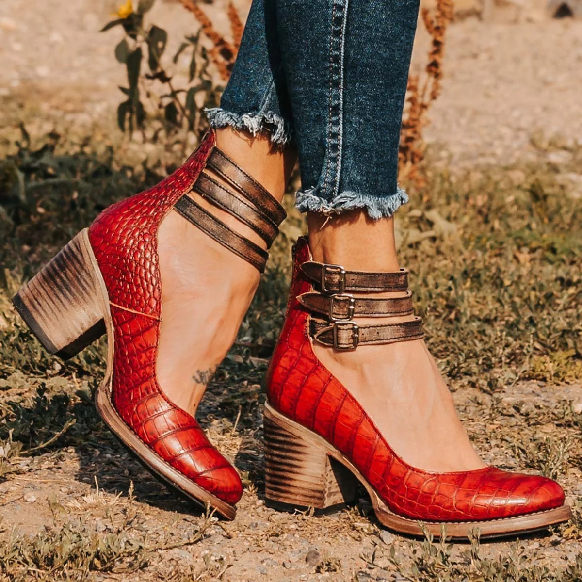 Women’s Vintage Leather Ankle Boots - Block Heel, Buckle Straps, Elegant & Comfortable