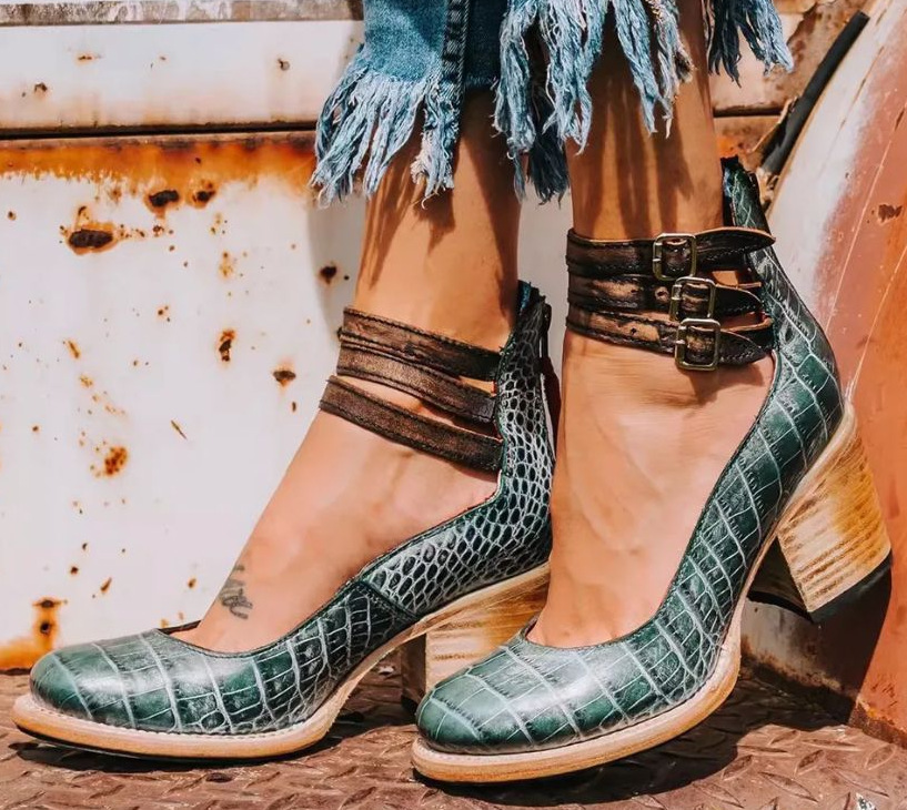 Women’s Vintage Leather Ankle Boots - Block Heel, Buckle Straps, Elegant & Comfortable