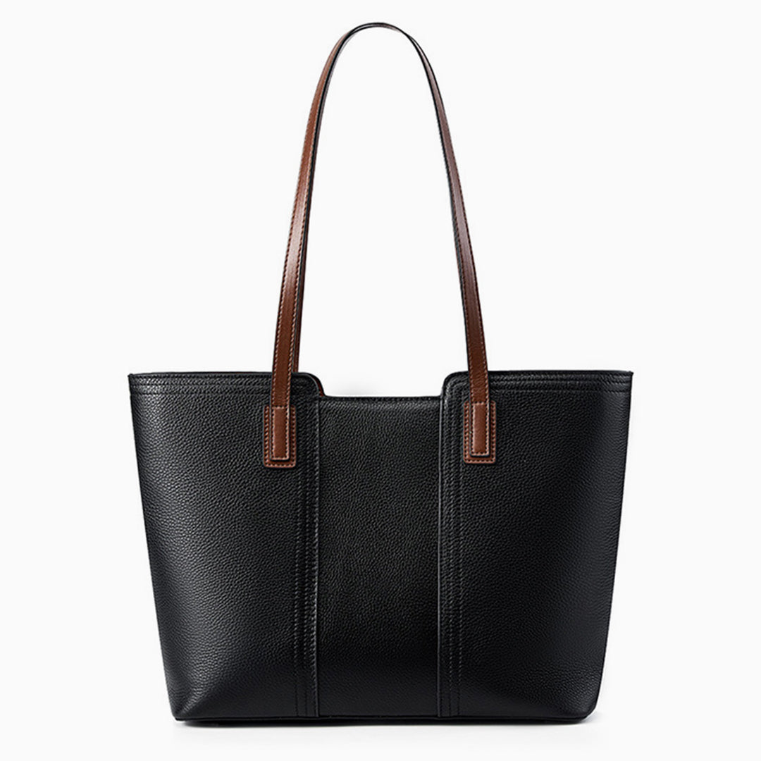 Medium Leather Tote Bag with Multiple Compartments - Genuine Leather, Black & White