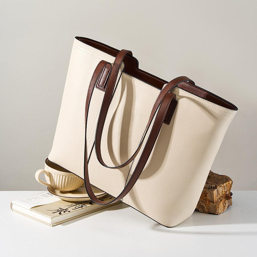 Medium Leather Tote Bag with Multiple Compartments - Genuine Leather, Black & White