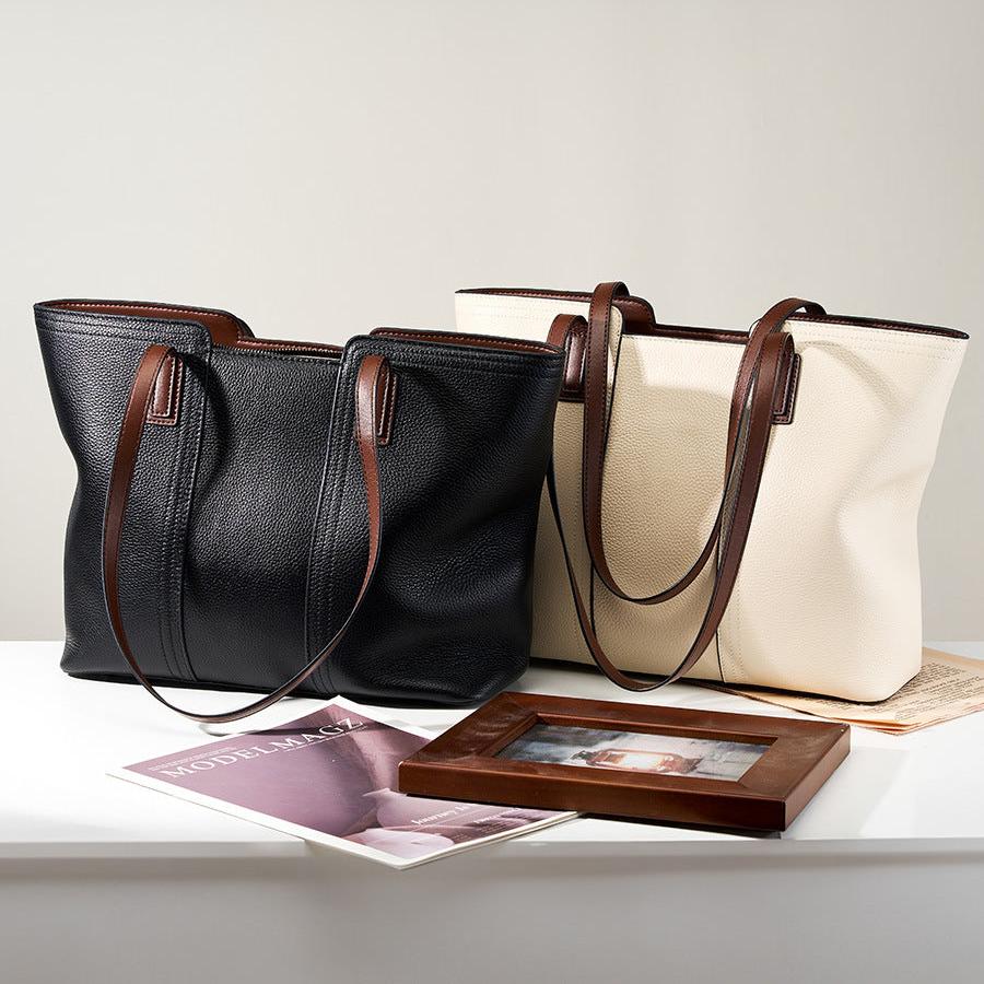 Medium Leather Tote Bag with Multiple Compartments - Genuine Leather, Black & White